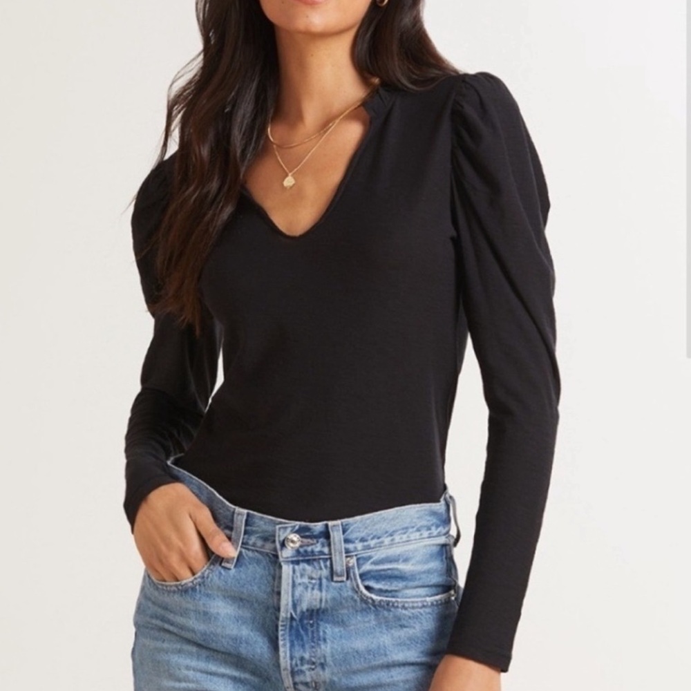 NATION LTD Tamira Elizabethan Black Pima Cotton Puff Sleeve Top Size SM Luxury